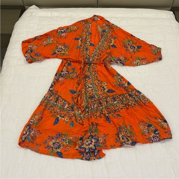 Anthropologie Emmanuel Maxi Dress Kimono Robe Boho Floral Bohemian Orange Small - Picture 10 of 16